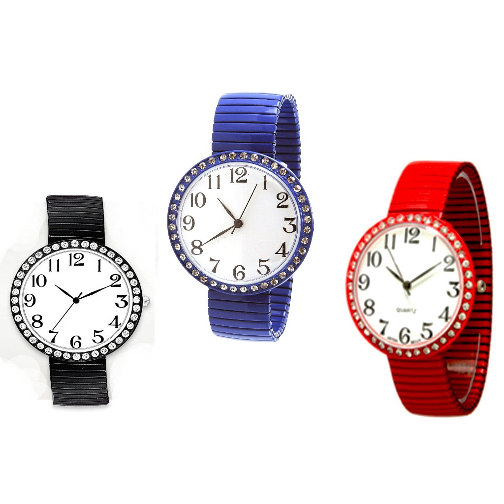Jumbo Dial Stretch Band Watch Crystal Bezel Jumbo Dial Stretch Band Watch Crystal Bezel
